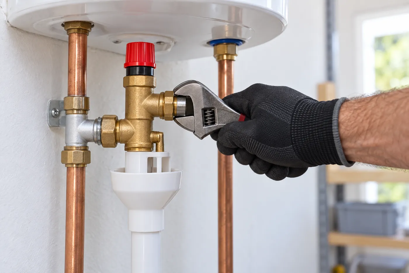 Remplacement du groupe de sécurité sous un chauffe-eau électrique, raccords en laiton serrés à la clé